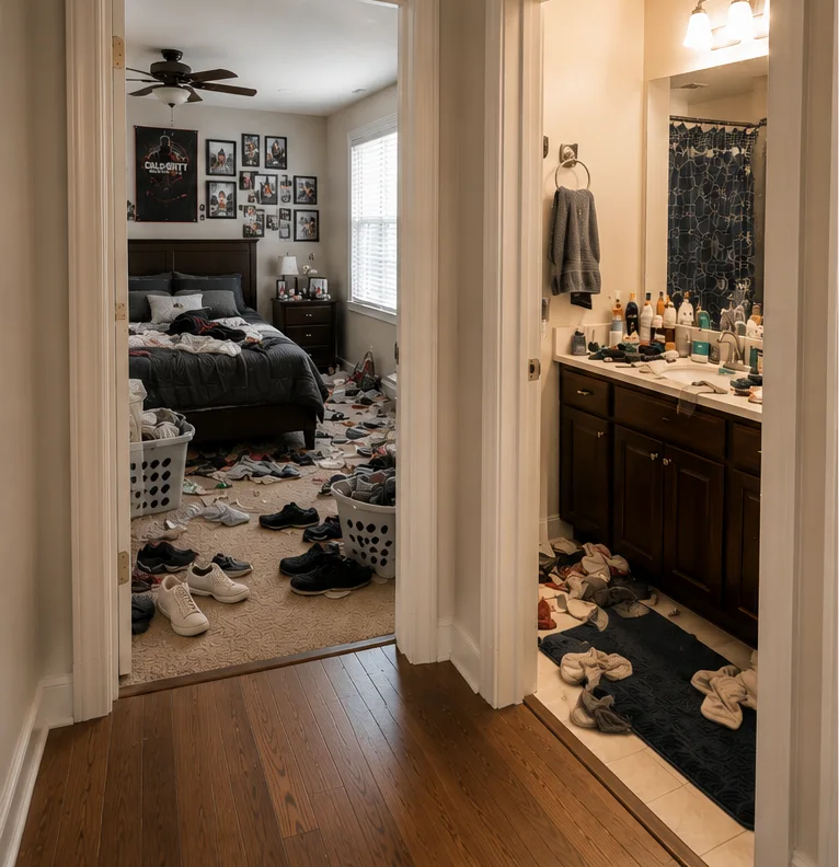 A bedroom and bathroom cluttered with laundry and shoes before a Happy Maids deep clean
