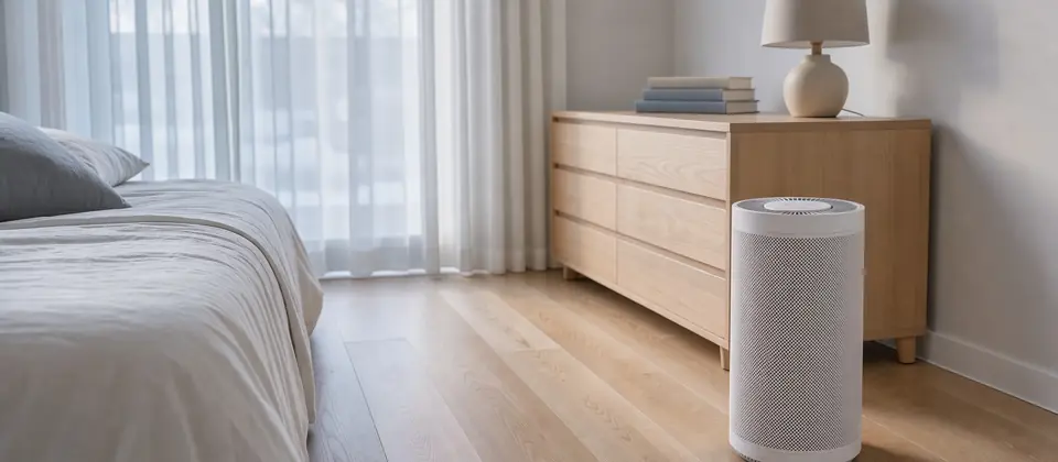 A plain white air purifier in the corner of a bright, tidy bedroom beside a clean wooden dresser