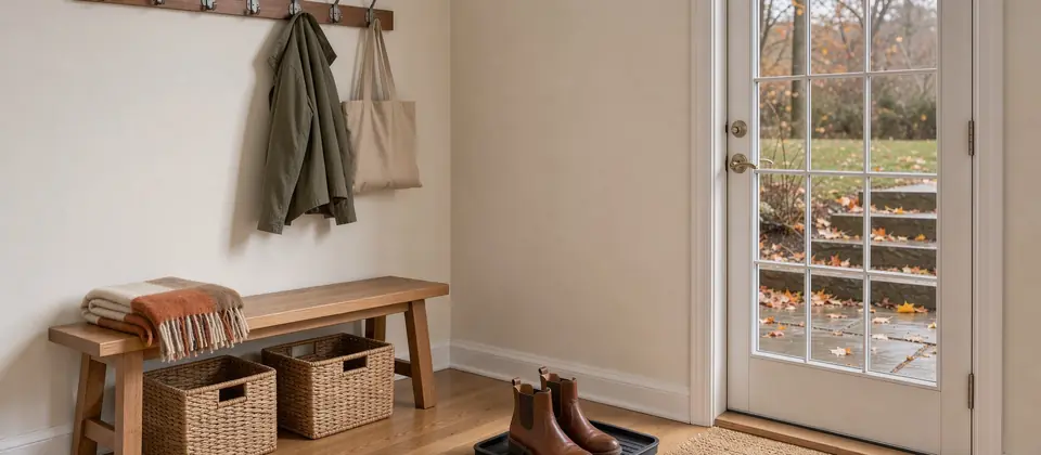A tidy entryway with a wooden bench, woven baskets, boots on a tray and a doormat beside a glass door with fall leaves outside