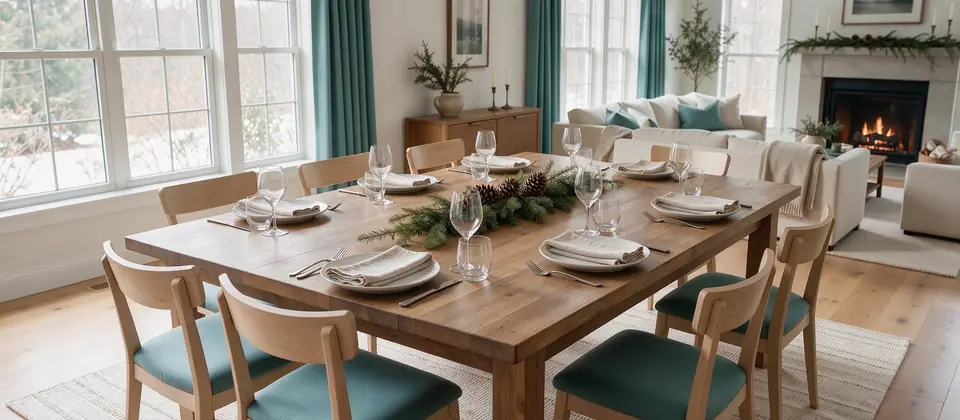 A bright dining room with the table set for guests, evergreen sprigs in the center and a tidy sitting area beyond