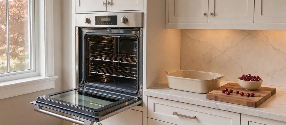 A clean open wall oven with polished racks beside a roasting dish and a bowl of cranberries