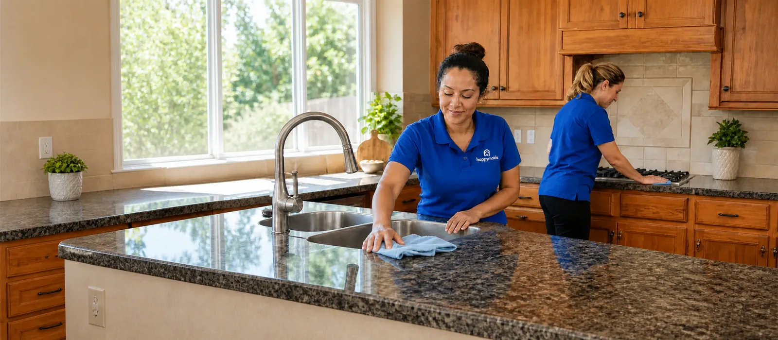 Two Happy Maids cleaners working together in a client's kitchen