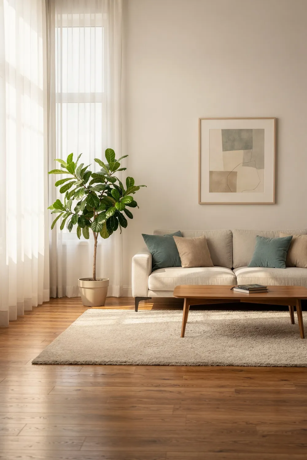 A bright, freshly cleaned living room with clear surfaces and gleaming hardwood floors