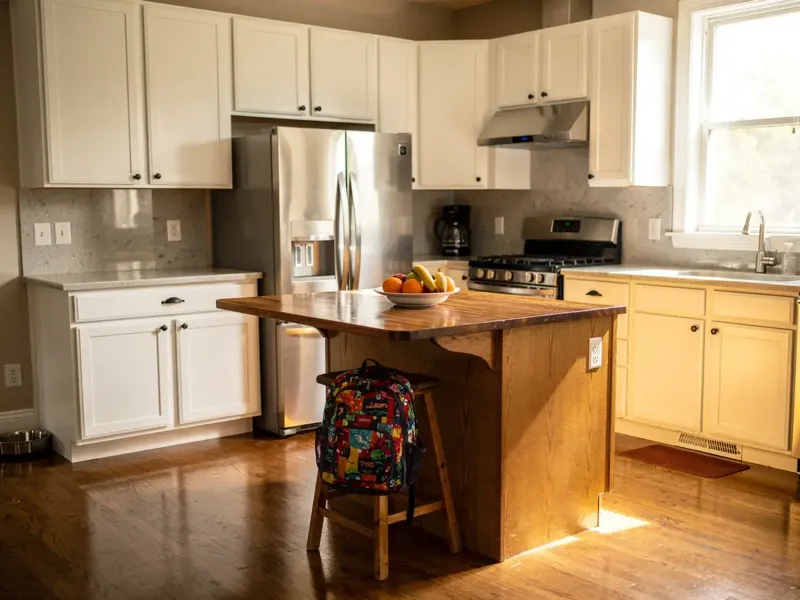 A lived-in family kitchen, cleaned and reset