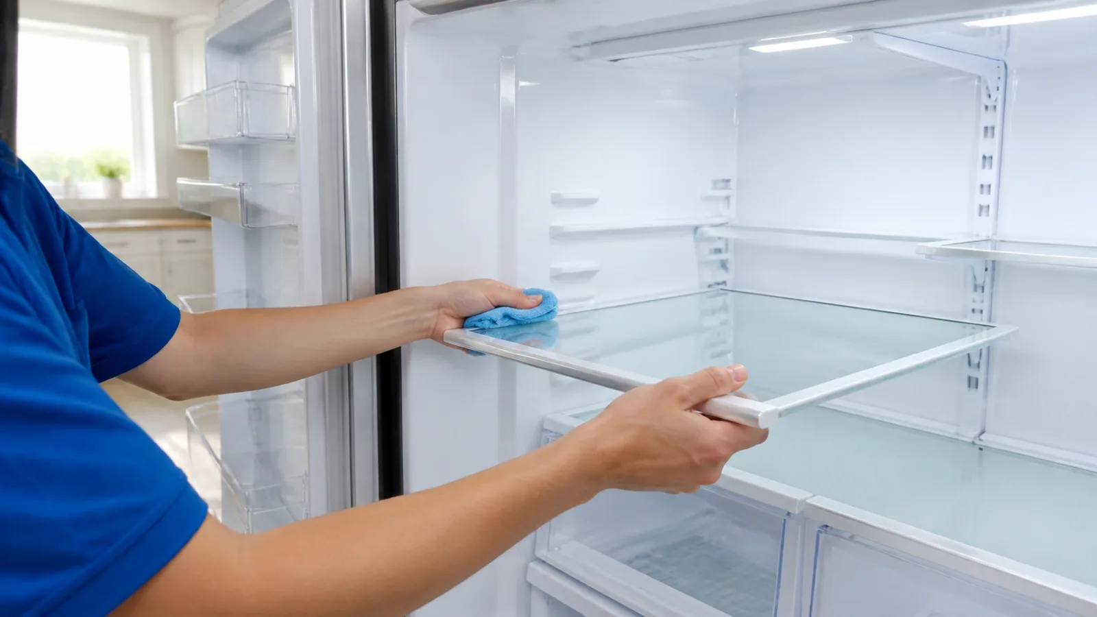 Happy Maids professional cleaning a glass shelf inside an empty refrigerator