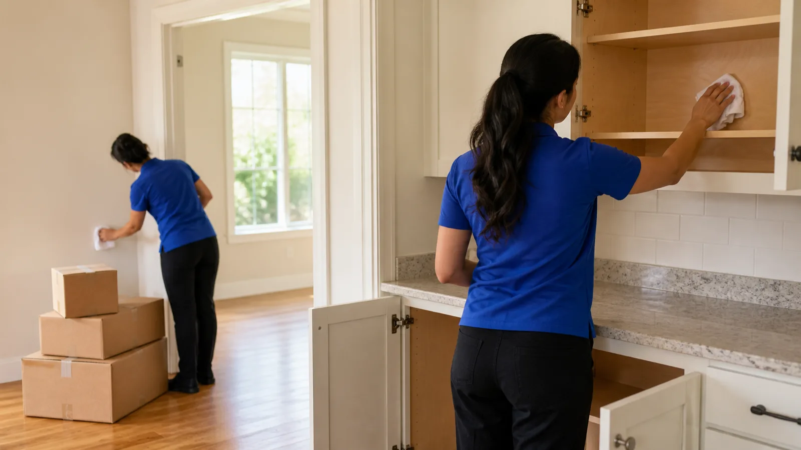 Two Happy Maids professionals cleaning empty cabinets and trim before move-in