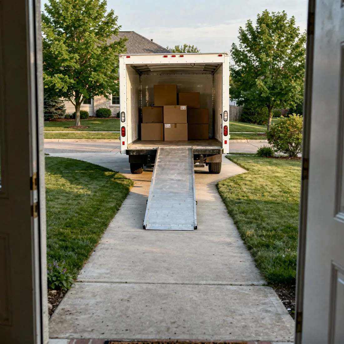 Moving truck with neatly packed boxes outside a suburban home
