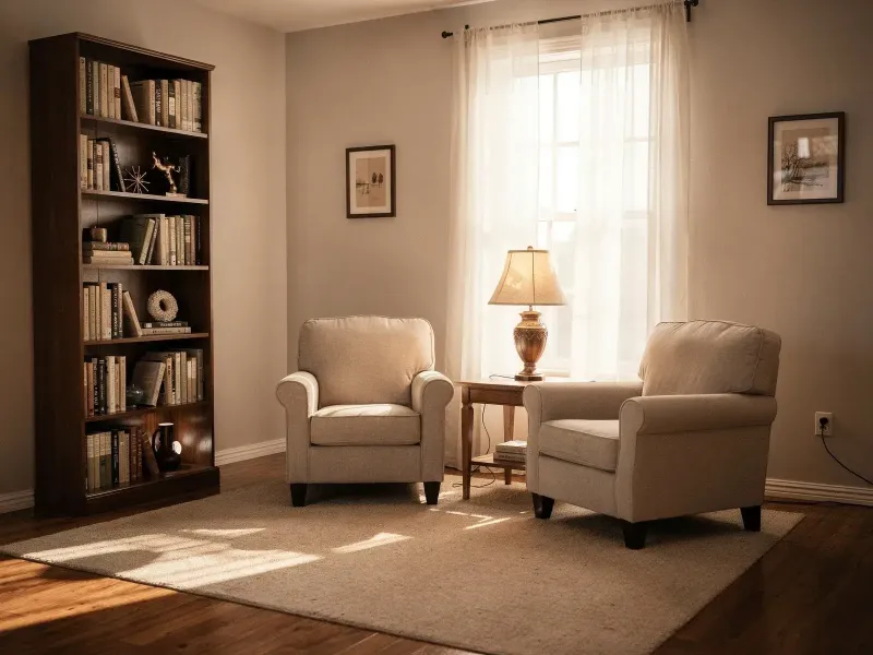 A quiet sitting room kept to standard between visits