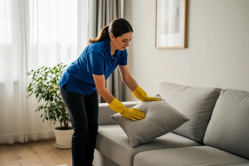 A cleaner plumping a cushion on a recurring visit