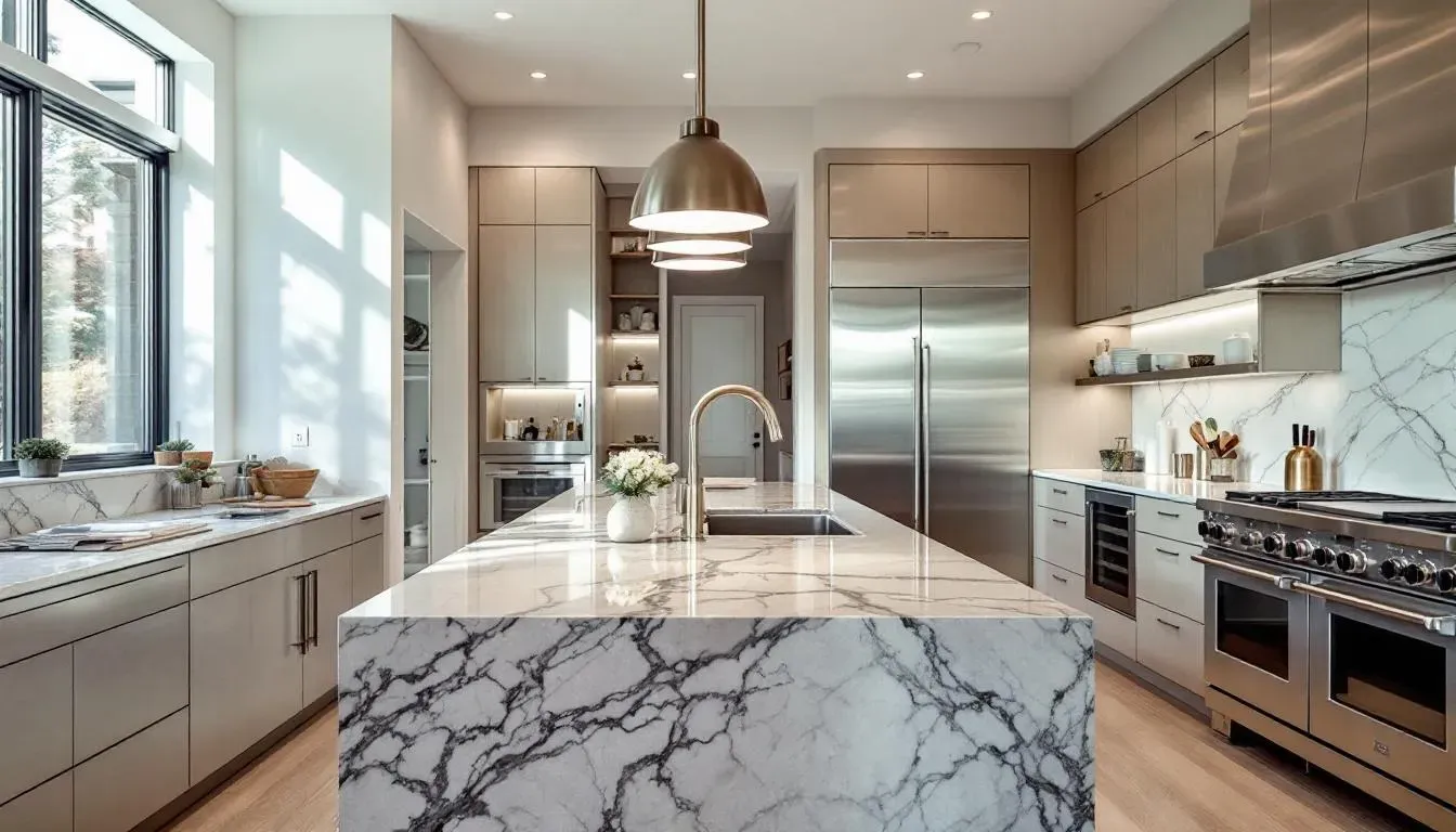 A newly remodeled kitchen with a marble island, new cabinetry and stainless appliances