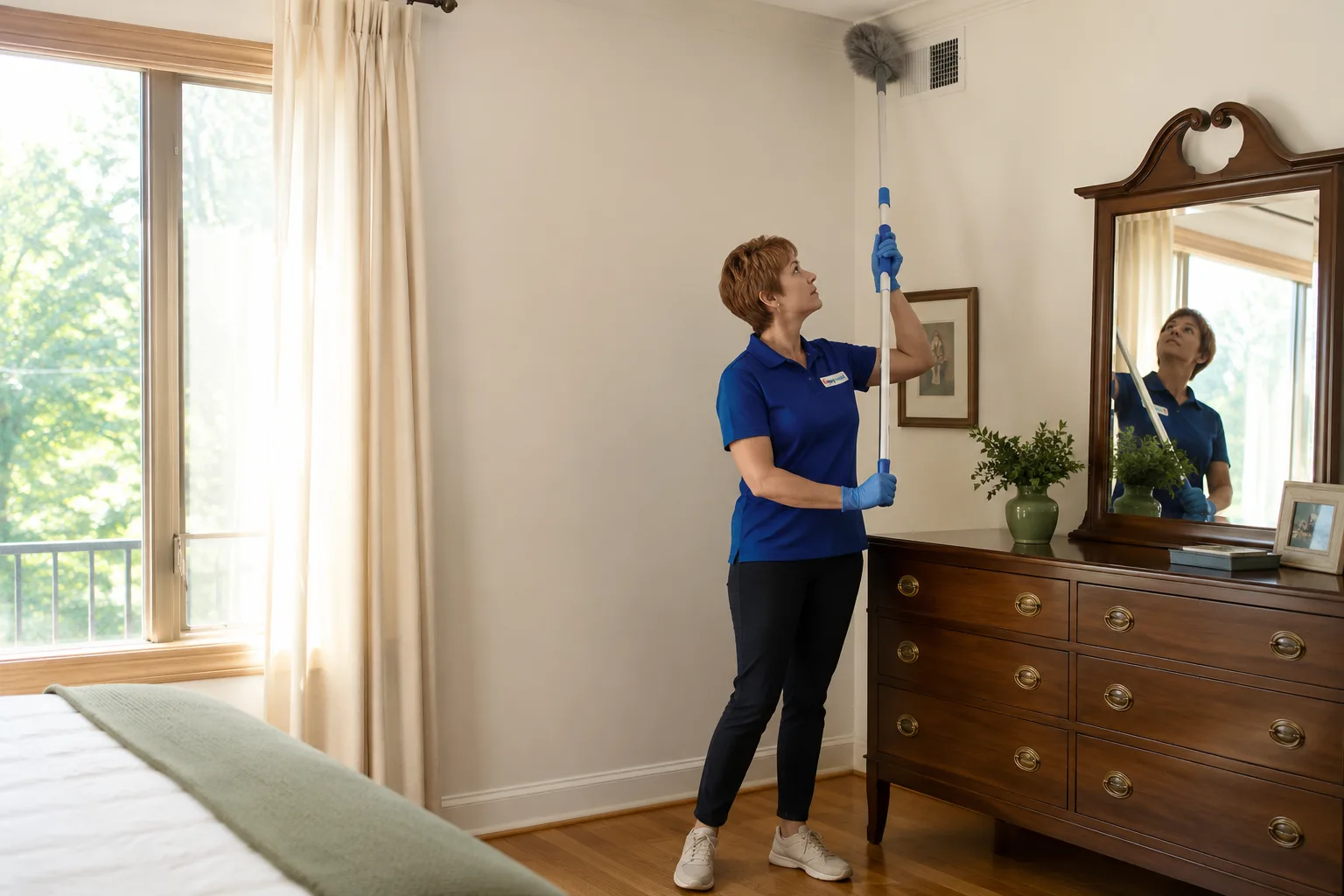 A Happy Maids cleaner high-dusting a ceiling vent above a bedroom dresser