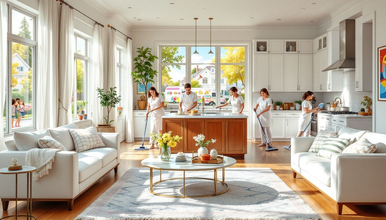 Bright kitchen with people cleaning.