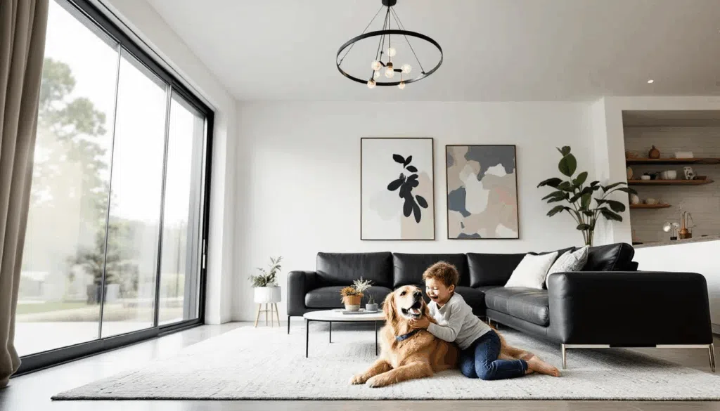 Young boy playing with a dog in the living room