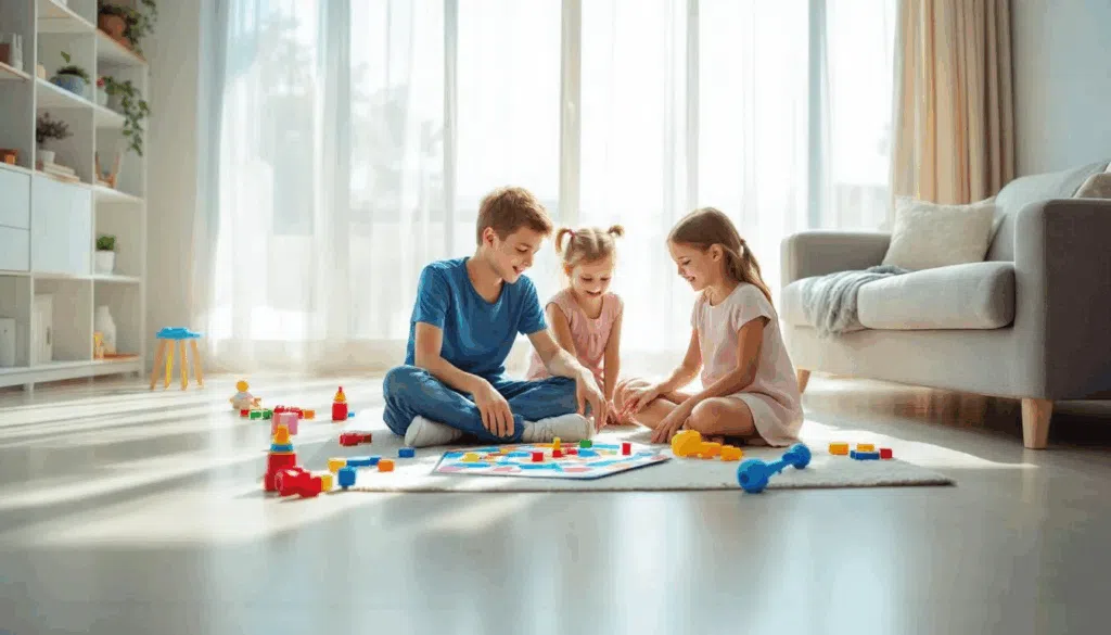Children playing with colorful building blocks.