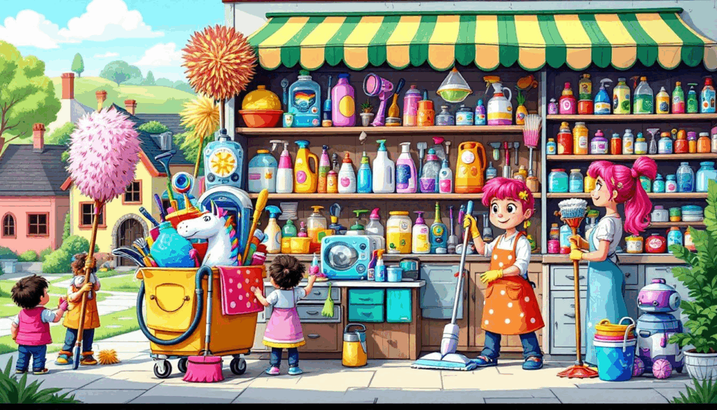 Colorful cleaning supplies in a shop