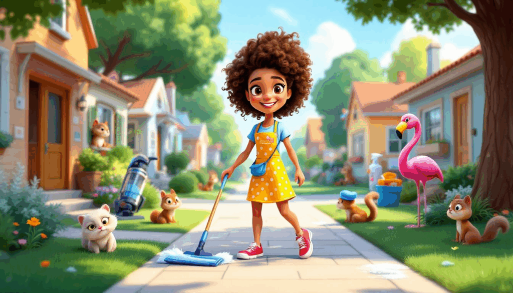 Child cleaning a colorful neighborhood street.