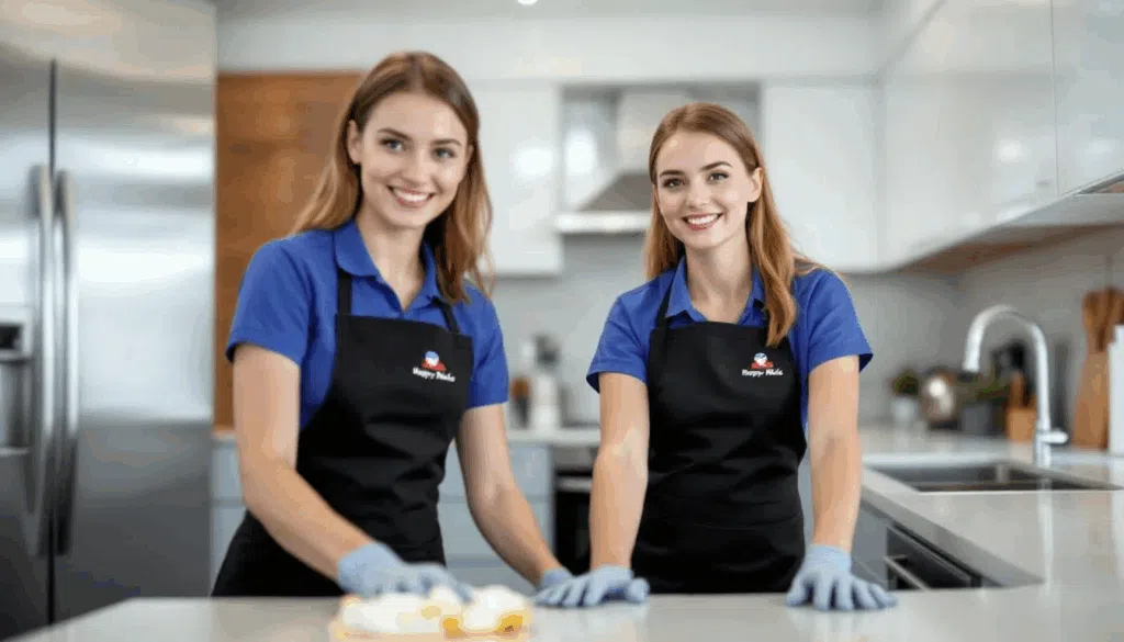 Two women in kitchen uniforms standing.