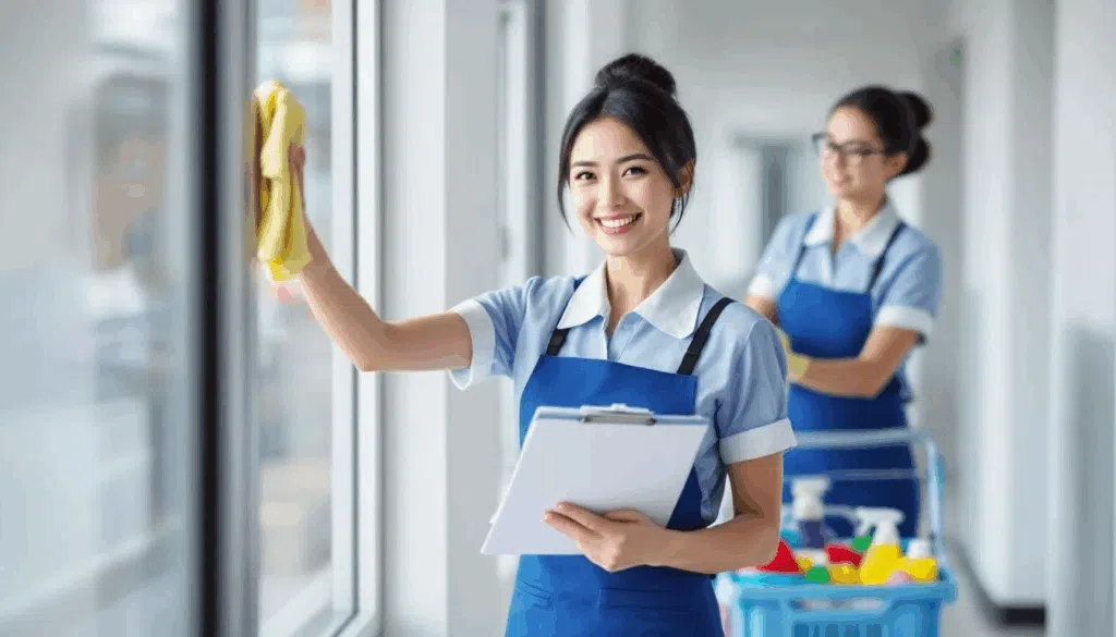 Two cleaners working in a hallway.