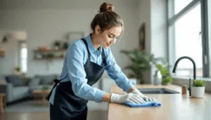 Person cleaning a modern kitchen countertop.
