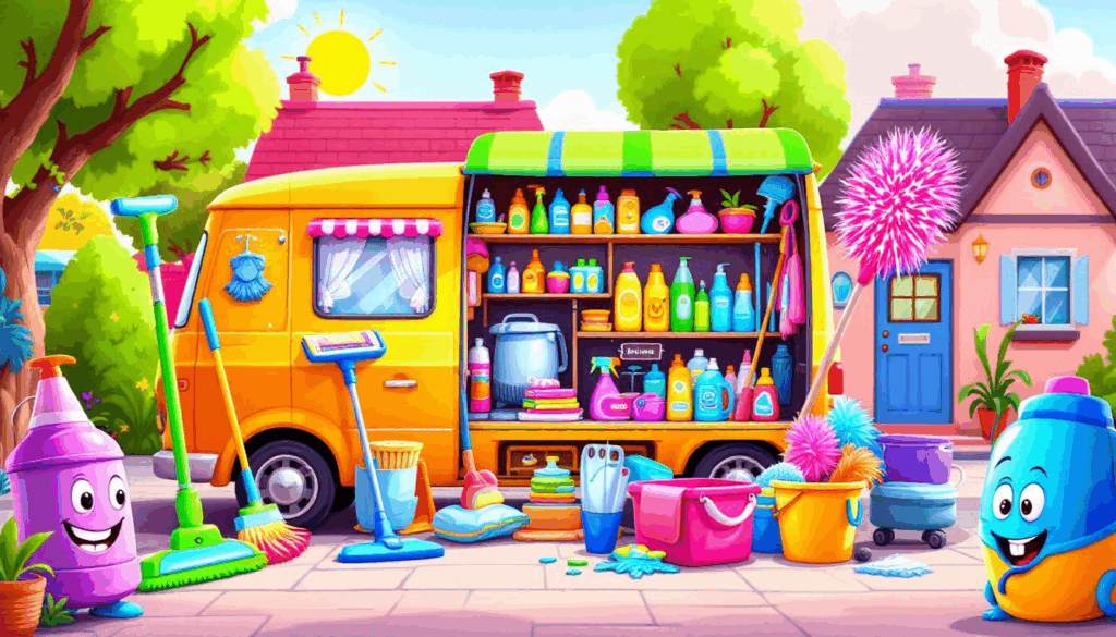 Colorful cleaning supplies in cheerful setting