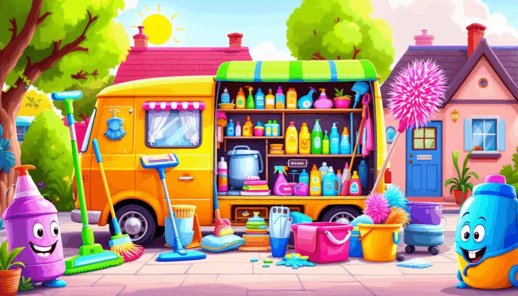 Colorful cleaning supplies in cheerful setting