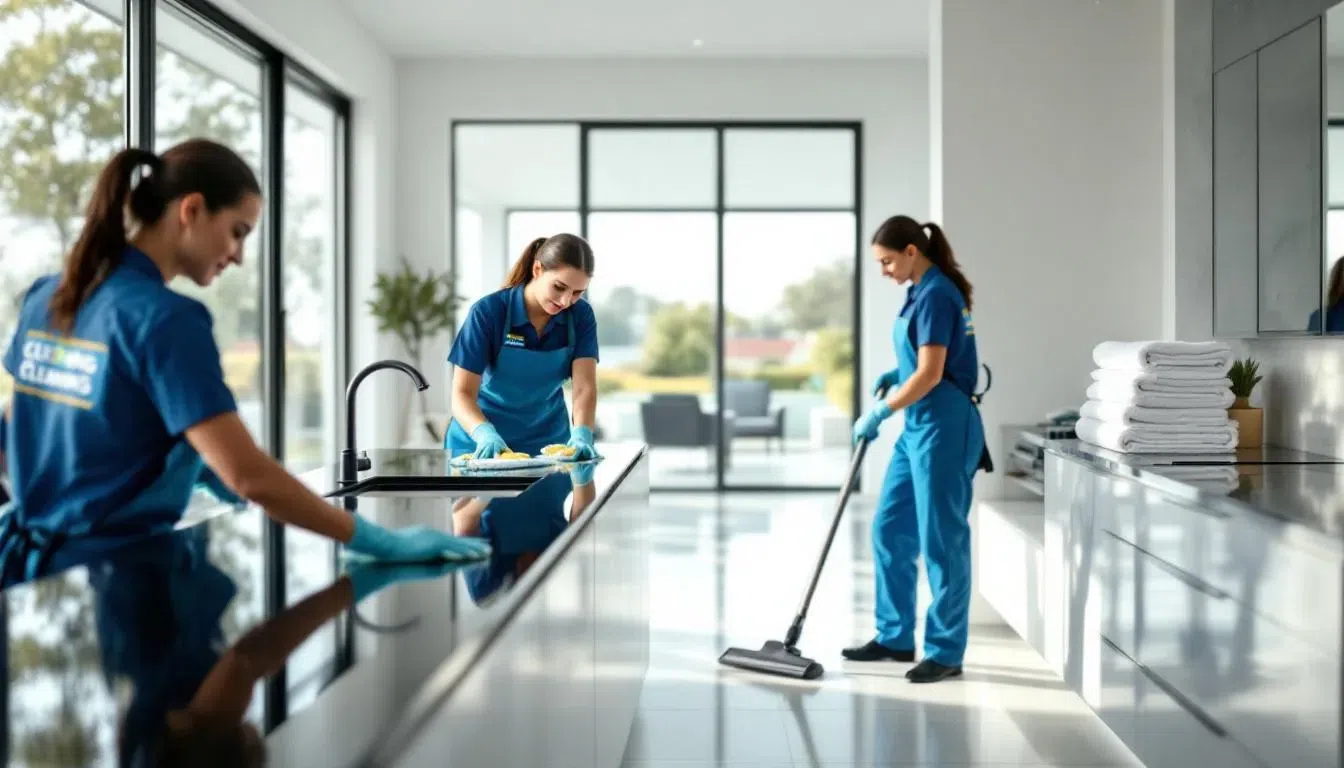 A team of professional cleaners is diligently working in a modern home interior, meticulously dusting furniture and vacuuming floors to ensure a spotless living space. Their attention to detail reflects the high standards of Barrington cleaning services, providing a clean and healthy environment for residential customers.