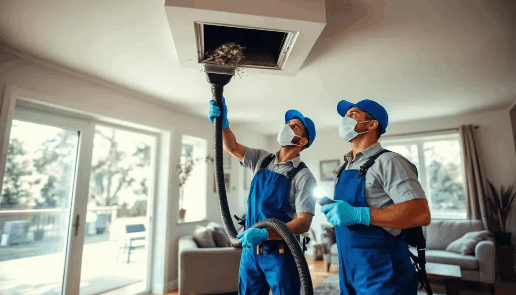 Two workers cleaning air duct system.