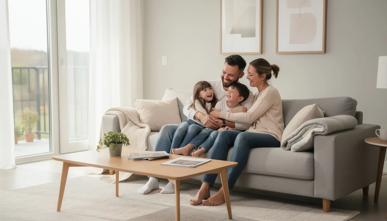 A happy family is enjoying quality time together in their spotless living room, showcasing the results of professional cleaning services. The clean and comfortable home reflects their busy lifestyle and the importance of maintaining a healthy living space.