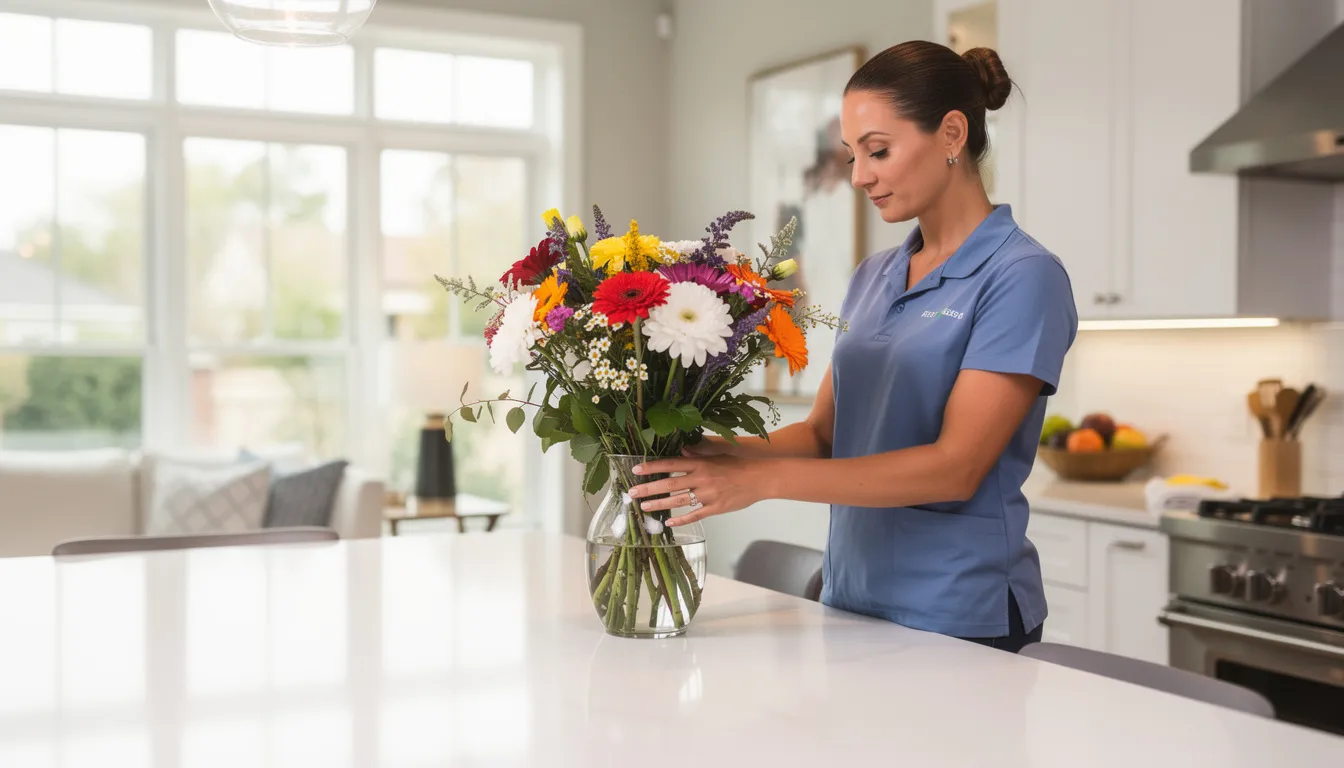 A professional cleaning team member is carefully arranging fresh flowers in a sparkling clean Crystal Lake home, showcasing the attention to detail that their house cleaning services provide. The scene reflects the effort of a dedicated cleaning team to create a fresh and inviting atmosphere for happy clients.