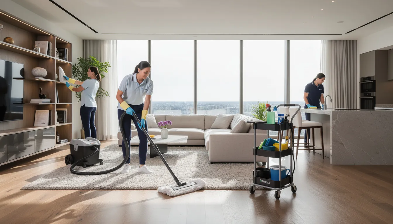 A professional cleaning team is diligently working in an upscale home interior, ensuring every corner is spotless and meeting the unique cleaning needs of the homeowners. Their attention to detail highlights the high standards of the house cleaning services they provide, creating a fresh and healthy living space.