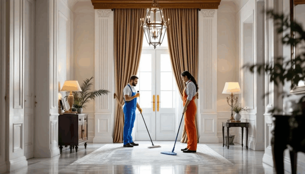 Two Happy Maids cleaners standing in a tall room, holding mops