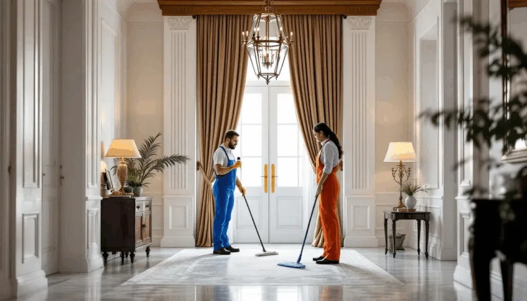 Two Happy Maids cleaners standing in a tall room, holding mops