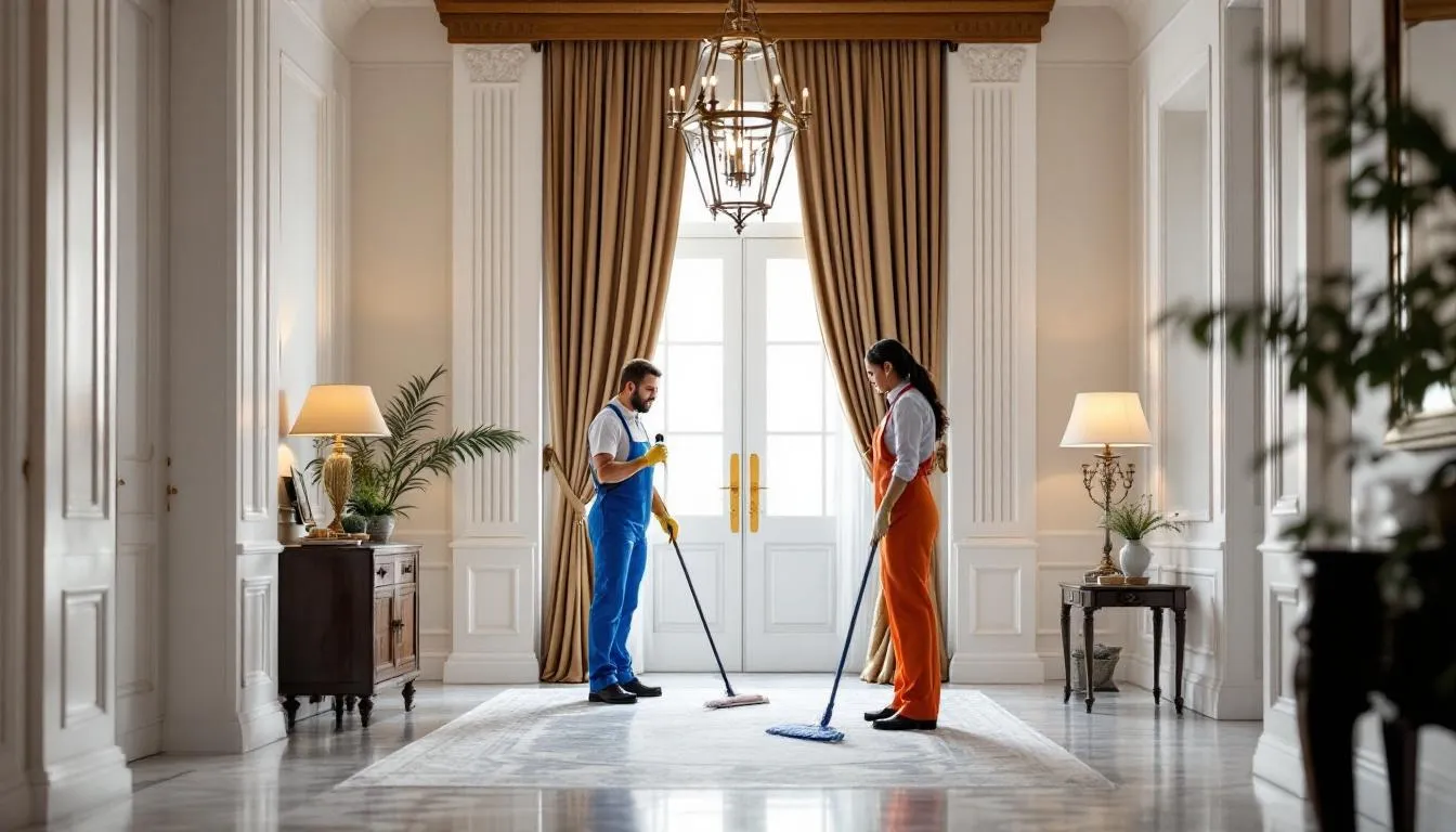 In an elegant home foyer, a team of cleaning professionals is reviewing a checklist, ensuring every detail is covered for their cleaning service. The space is organized and inviting, reflecting the high standards of their maid service in Barrington Hills, Illinois.