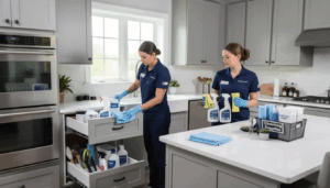 Dependable and friendly house cleaning services available in and near South Barrington, IL. two Maids cleaning Kitchen