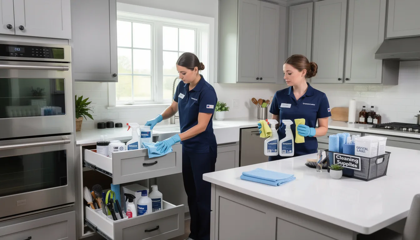 A professional cleaning team is seen organizing cleaning supplies in a modern kitchen in Crystal Lake, showcasing their dedication to providing top-notch house cleaning services. The scene highlights the team's focus on cleanliness and efficiency, ensuring a spotless home for their clients.