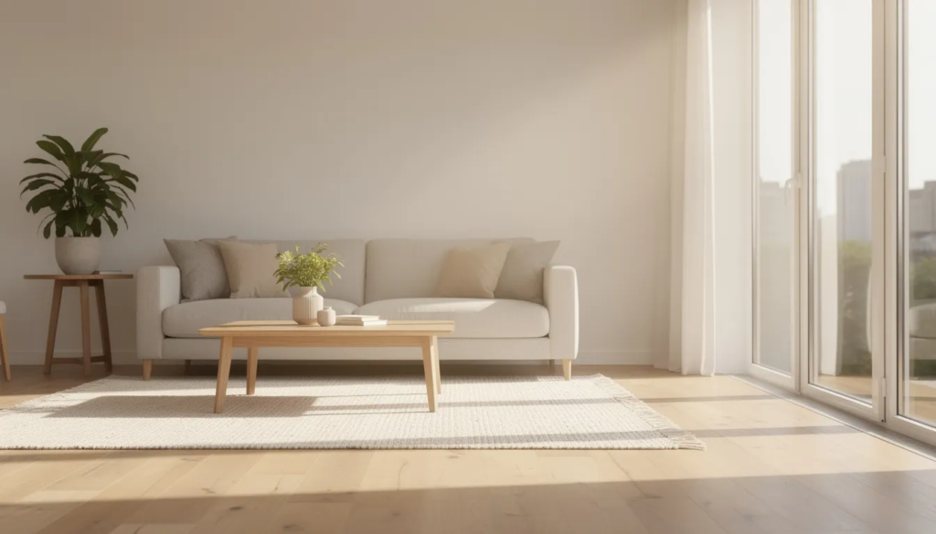 Couch in a modern living room apartment with large windows