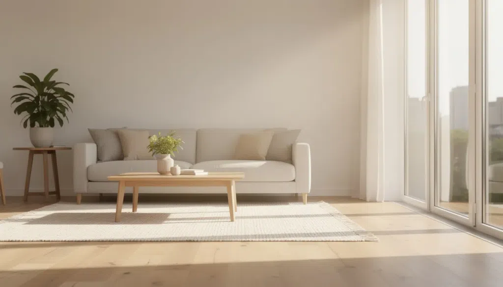 Couch in a modern living room apartment with large windows