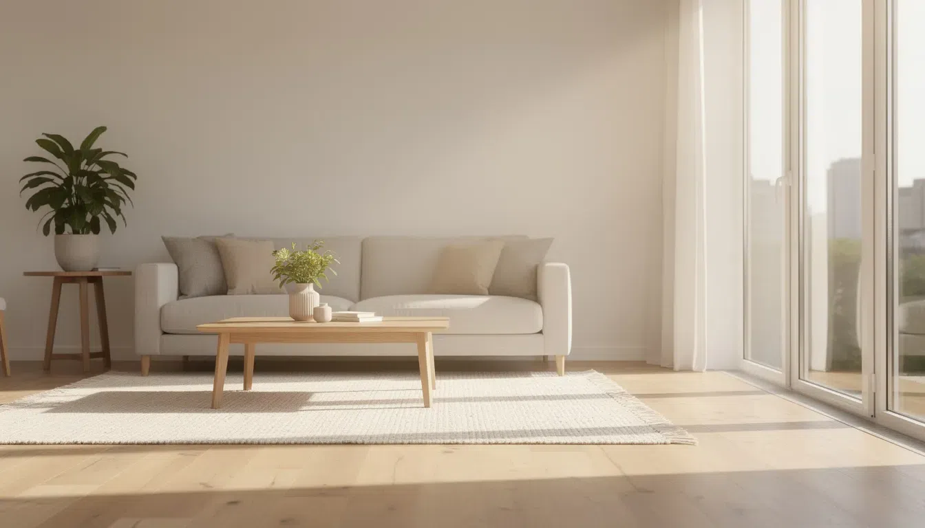 The Top House Cleaning Service in North Barrington, IL The image depicts a bright and clean living room, filled with natural sunlight streaming through large windows, creating a warm and inviting atmosphere. This space showcases the benefits of professional cleaning services, emphasizing a hygienic environment and a spotless home, ideal for anyone seeking house cleaning or maid services in Chicago.