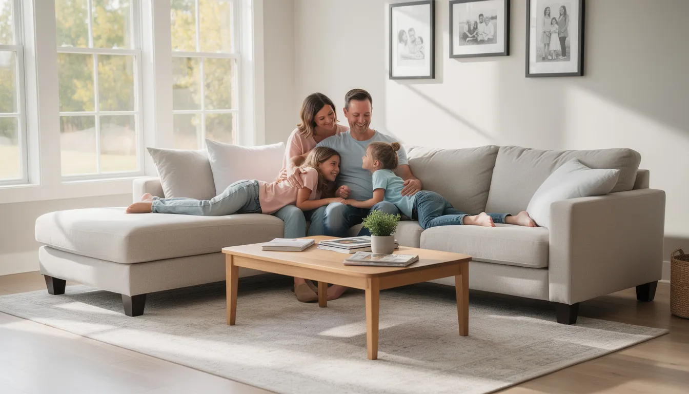 A happy family is enjoying quality time together in their spotless Crystal Lake living room, showcasing the results of a thorough house cleaning service. The clean and fresh environment highlights the importance of professional cleaning services for a healthy home life.