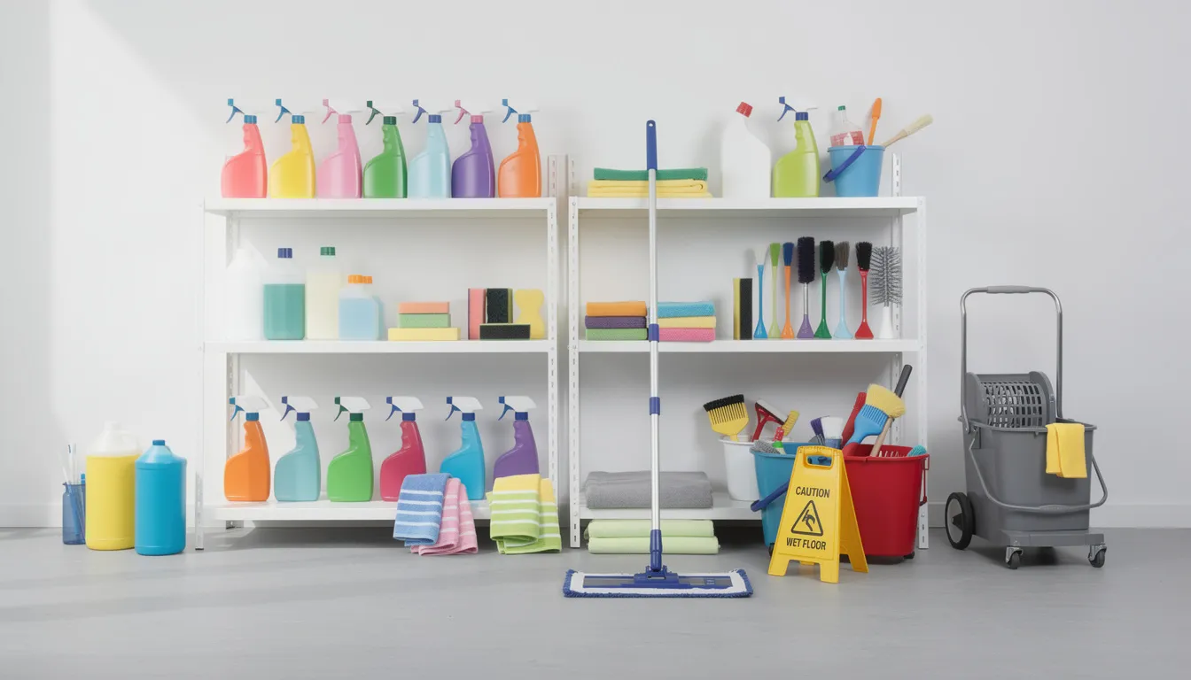 The image showcases a variety of professional cleaning supplies and equipment, all neatly organized, highlighting the tools used by professional cleaners for house cleaning services. This arrangement emphasizes the importance of thorough cleaning and the meticulous attention to detail that ensures a hygienic environment for clients.