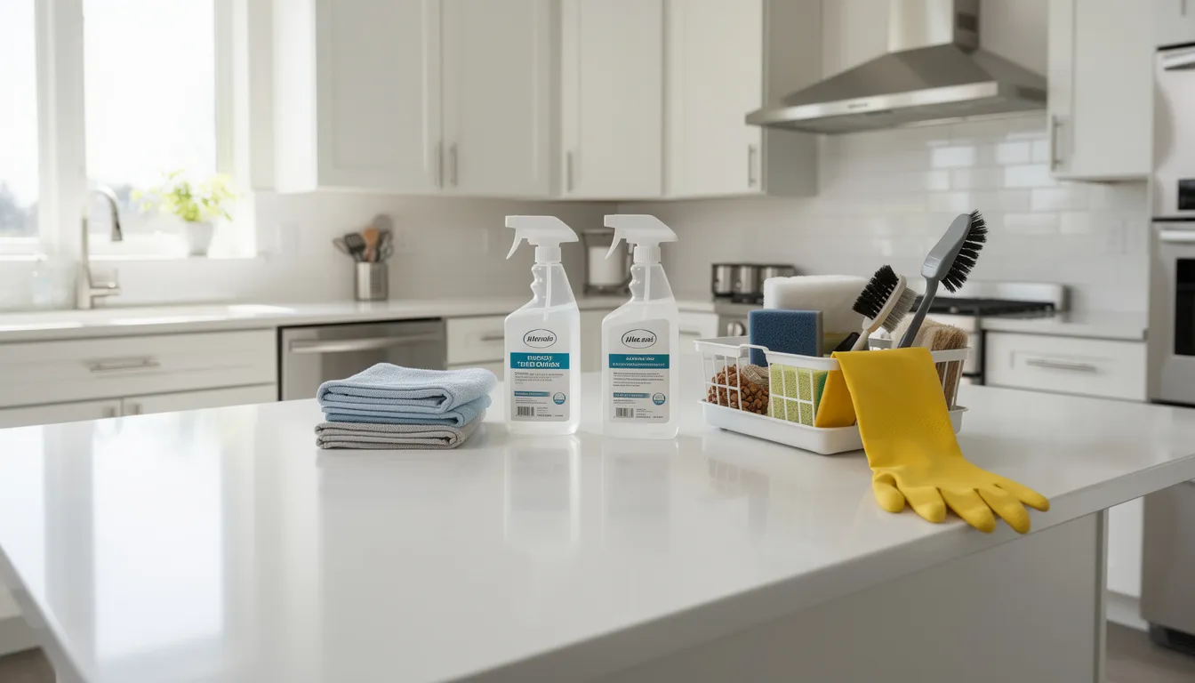 The image showcases a clean and organized kitchen, featuring professional cleaning supplies neatly arranged on the counter. This spotless home environment reflects the high standards of a top-notch cleaning service, ideal for homeowners seeking regular house cleaning and a healthy living space.