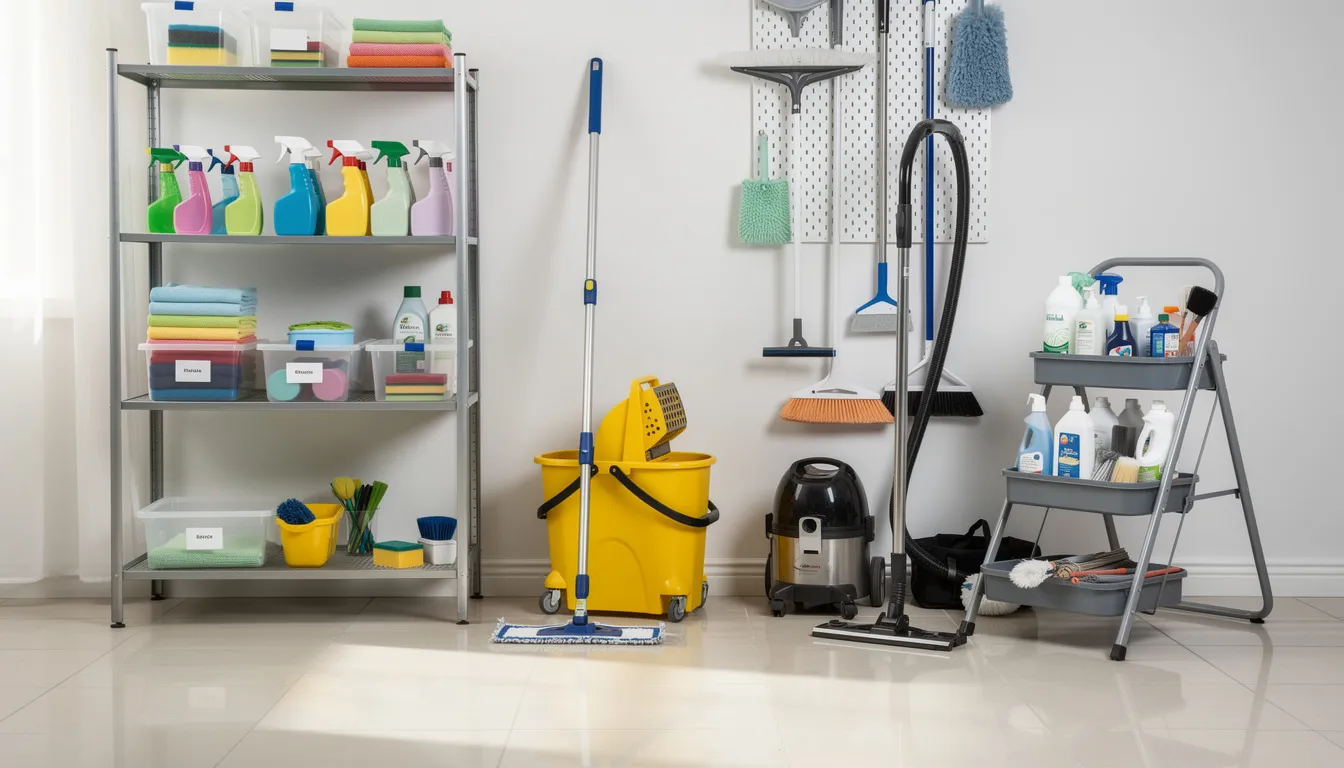 The image shows a neatly organized array of cleaning supplies and equipment, ready for a seasonal deep cleaning service. This setup reflects the professionalism of a house cleaning team, highlighting various cleaning products essential for achieving a spotless home.