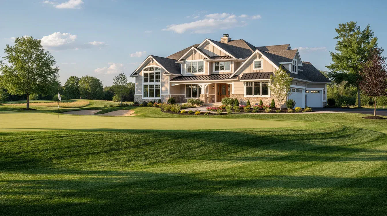 Hawthorn Woods House Cleaning Services by Happy Maids A large suburban home with a well-maintained lawn sits beside a golf course fairway, basking in the sunlight of a clear day. This picturesque property, ideal for families, exemplifies the beauty of Hawthorn Woods, showcasing a clean and inviting atmosphere.