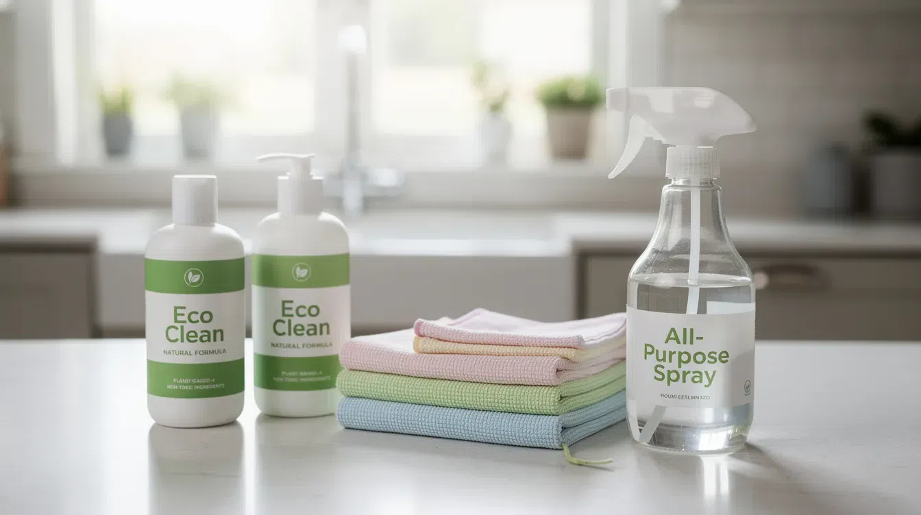Kildeer House Cleaning: Local Guide to a Cleaner Home Near the Forest Preserve A selection of eco-friendly cleaning products is neatly arranged on a kitchen countertop, alongside microfiber cloths and a spray bottle, showcasing a commitment to safe and effective house cleaning methods. This setup emphasizes the convenience and efficiency of using professional cleaning materials for maintaining a clean and healthy home.