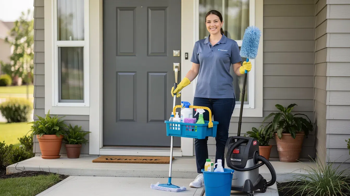 Inverness IL House Cleaning Services by Happy Maids A smiling member of a professional cleaning team stands at a residential front door, dressed in uniform and holding cleaning equipment, ready to provide dependable house cleaning services. Their presence reflects a commitment to maintaining excellent standards for a clean and healthy home, ensuring satisfaction for families in Inverness, IL.