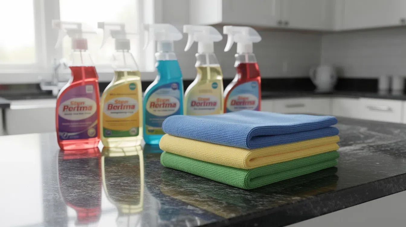 Inverness IL House Cleaning Services by Happy Maids An assortment of cleaning supplies, including colorful microfiber cloths and spray bottles, is neatly arranged on a polished granite kitchen counter, ready for use in maintaining a clean and healthy home. This setup reflects the excellent standards of house cleaning services in Inverness, IL, ensuring a spotless environment for families.
