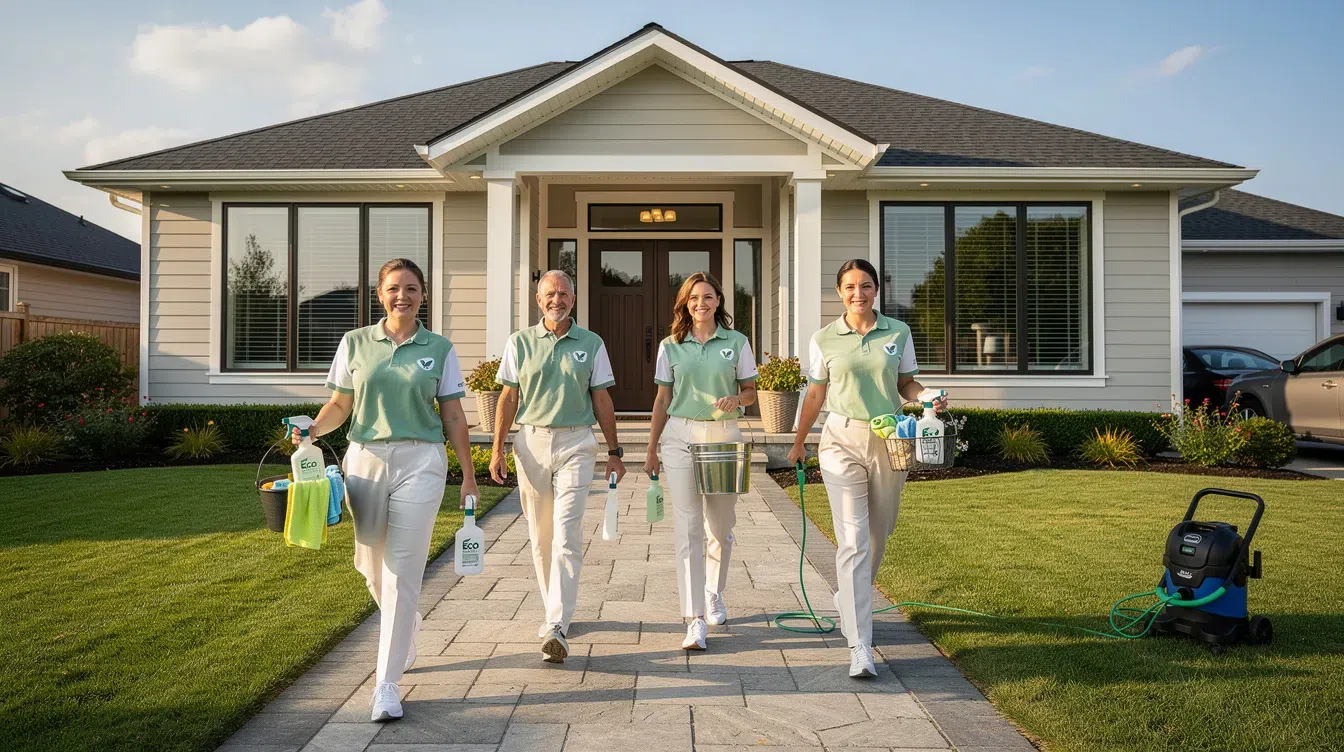 South Barrington House Cleaning: Happy Maids' Local Guide Professional cleaning team walking toward the front door of a large suburban home in South Barrington, carrying eco-friendly supplies