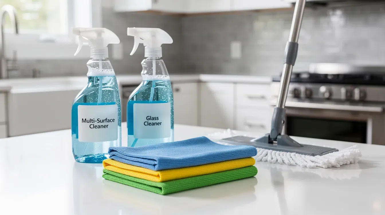 Hawthorn Woods House Cleaning Services by Happy Maids The image features an organized display of professional cleaning supplies, including microfiber cloths, spray bottles, and a mop, all neatly arranged on a pristine kitchen counter, highlighting the importance of cleanliness in house cleaning services. This setup reflects the efficiency and professionalism that clients can expect from a reliable cleaning company in Hawthorn Woods.