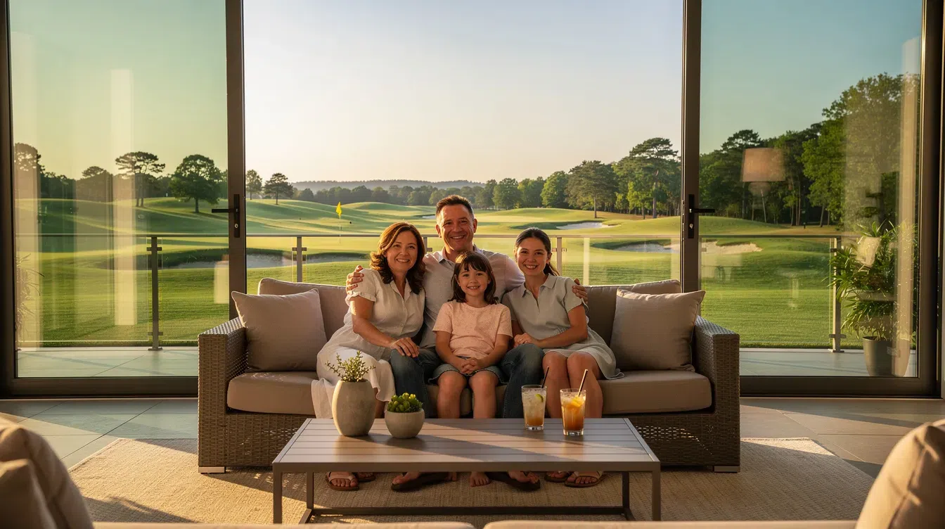 Hawthorn Woods House Cleaning Services by Happy Maids A family is enjoying a relaxing time on a patio, with a scenic view of a green golf course in the background and clean glass patio doors behind them. This tranquil setting highlights the importance of maintaining a clean home environment, reflecting the quality and professionalism of house cleaning services available in Hawthorn Woods.