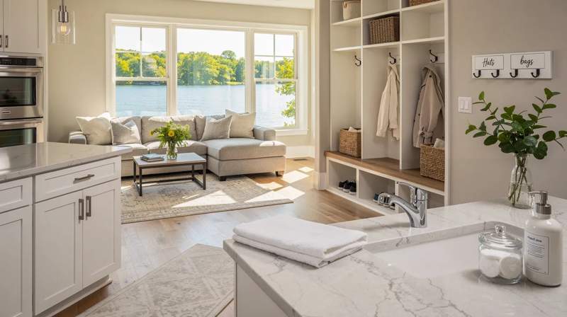 Bright and inviting kitchen and living area in a lakeside home near Lake Barrington, IL, featuring large windows with a sunlit view of the lake and a clean, organized mudroom entryway